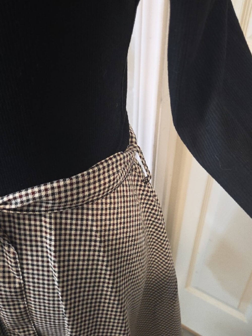 Black & White Gingham Circle Skirt Skater Dress Mini Jersey Bodice Long Sleeve - Picture 8 of 13
